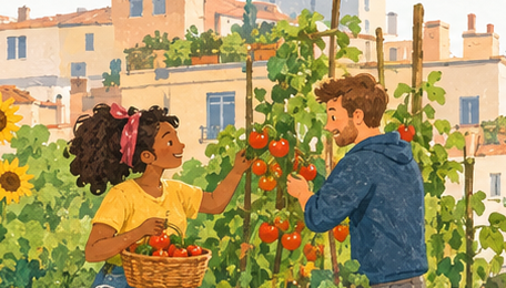 Due persone chiacchierano tra le piante di pomodoro
