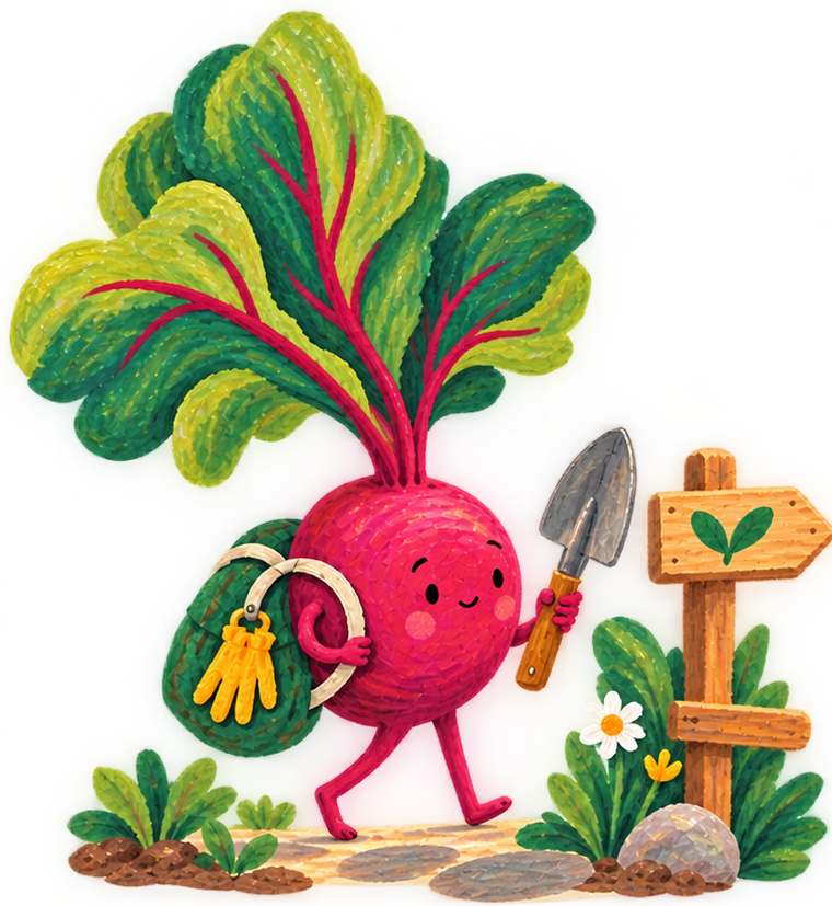 La barbabietola Happybeet con vanga e sacchetto in cerca di un posto