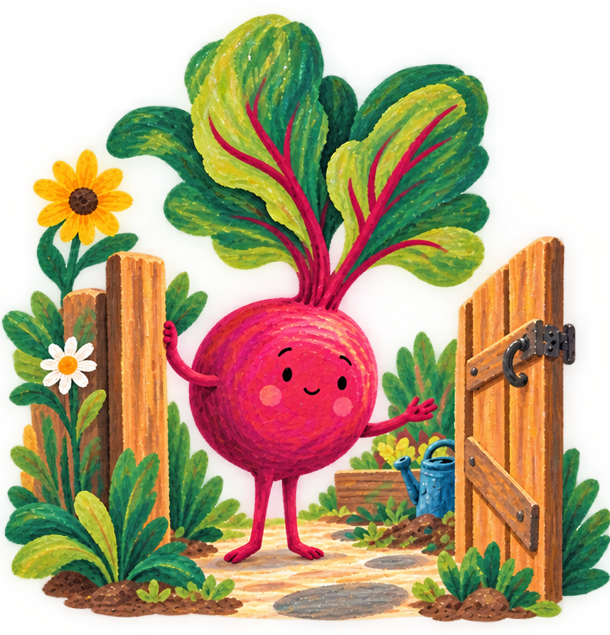 La barbabietola Happybeet che apre il cancello di un giardino