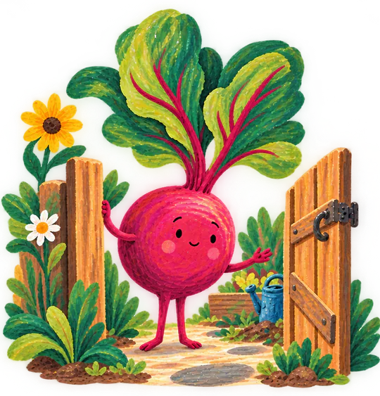 La barbabietola Happybeet accanto al cancello di un orto
